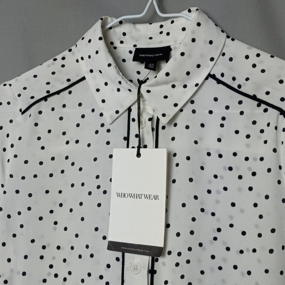 Who What Wear White Sheer Black Polka dot Blouse Button Up NWT XS Long Sleeve - Picture 9 of 16